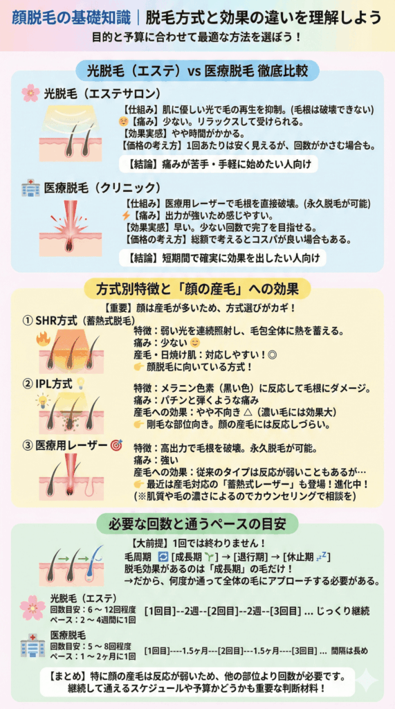 顔脱毛の基礎知識|脱毛方式と効果の違いを理解しよう