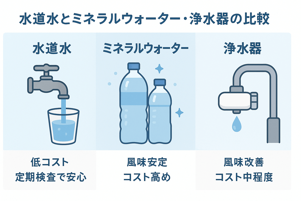 水道水とミネラルウォーター・浄水器の比較